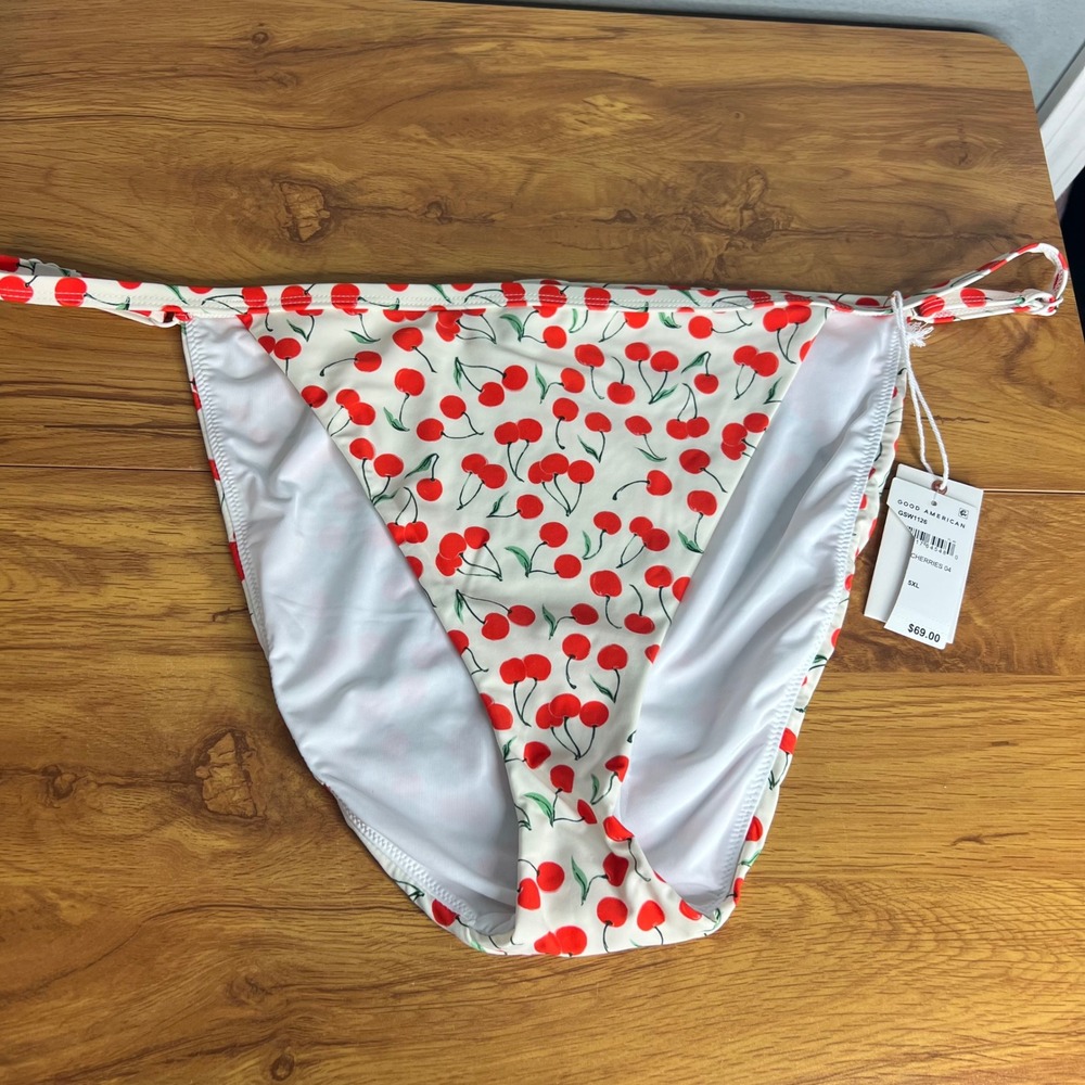 Good American String Bikini Bottom Plus Sz 5XL White Cherry Print Adjustable NWT